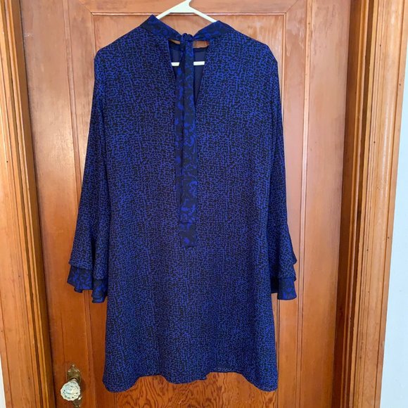 Atina Cristina Dark Purple/Blue and Black Dress W/Ruffle Bell Sleeves Size M - Picture 14 of 15